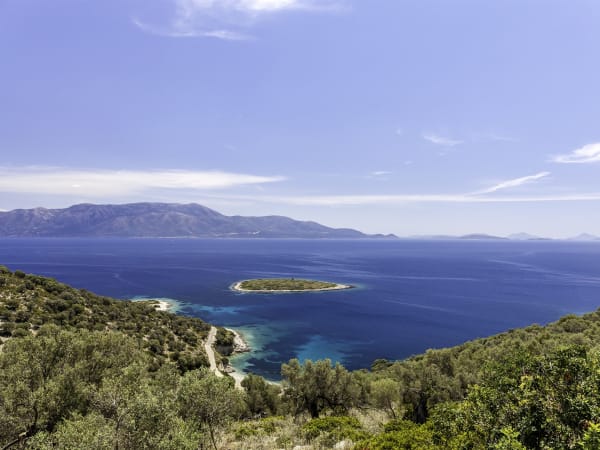Views down to little Prasioni Island.